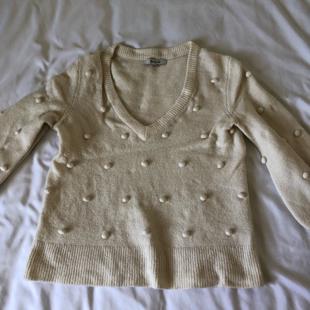 Cream White V-Neck Sweater with Textured Details